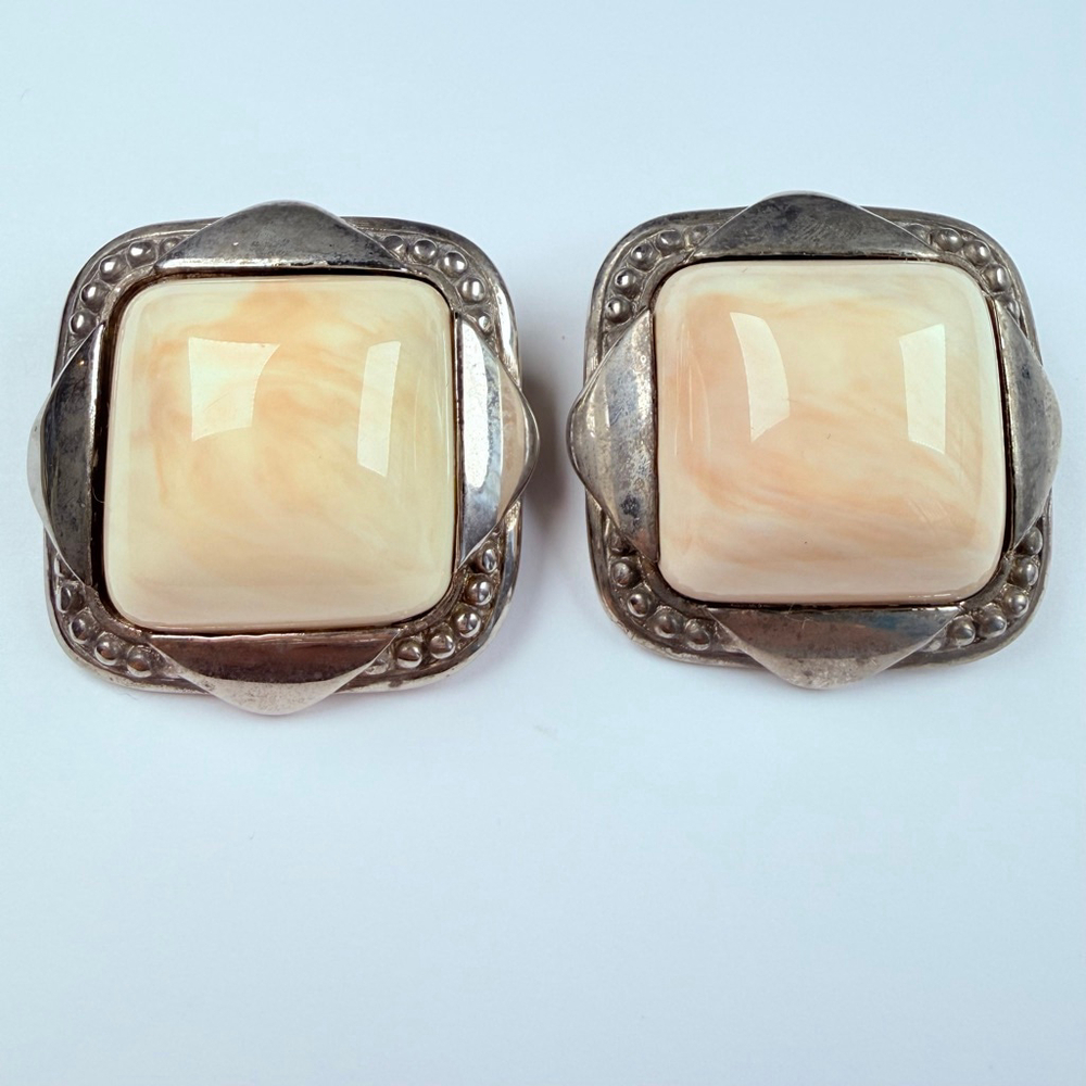 Givenchy BIG Silver Marble Cabochon Haute Couture Runway Earrings Vintage 1980's